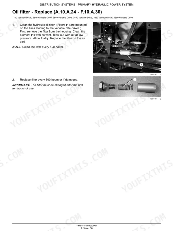 Flexi-Coil 1740, 2340, 2640, 3450, 3850, 4350 hydraulic oil filter replacement and cleaning procedure steps.