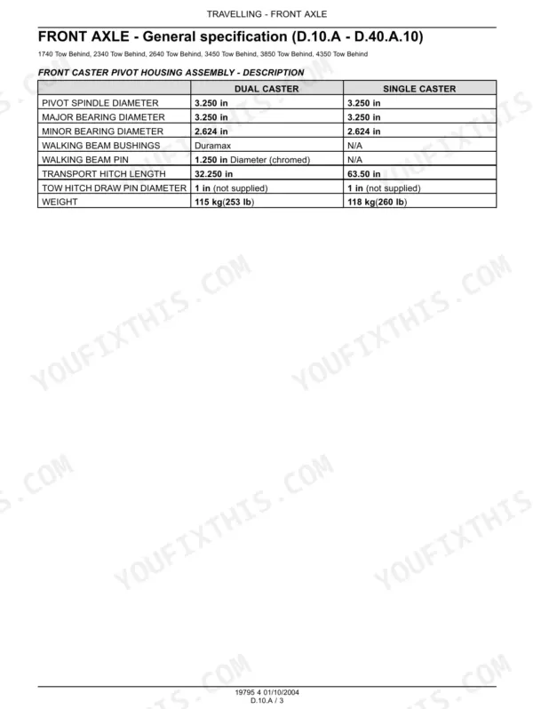 Flexi-Coil 1740, 2340, 2640, 3450, 3850, 4350 front axle caster pivot housing assembly specifications table.