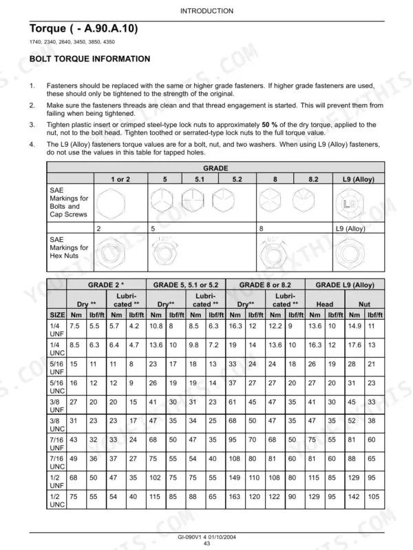 Flexi-Coil 1740, 2340, 2640, 3450, 3850, 4350 bolt torque specifications table for SAE grades 2, 5, 8, and L9 fasteners.