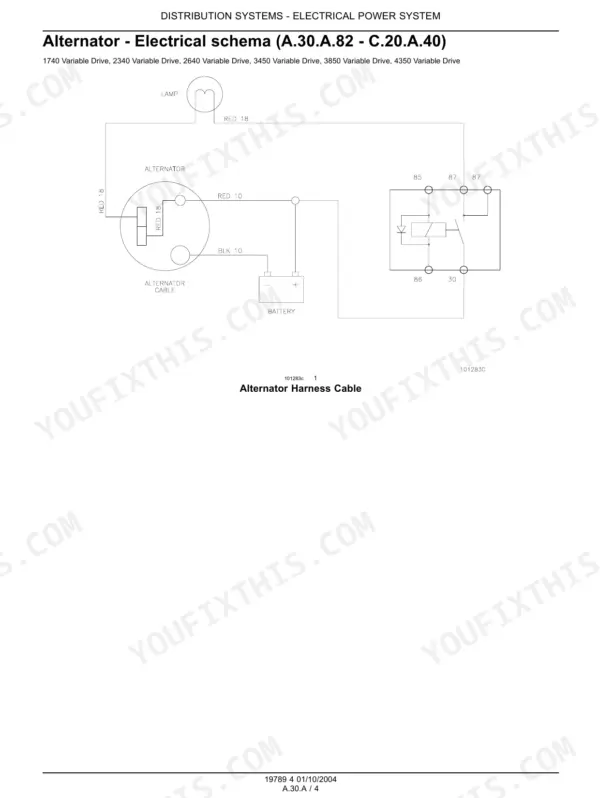 Flexi-Coil 1740, 2340, 2640, 3450, 3850, 4350 alternator electrical schema wiring diagram with harness cable details.