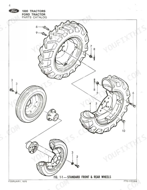 Ford 1000 tractor parts catalog exploded view of standard front and rear wheel assemblies, rims, and mounting hardware.