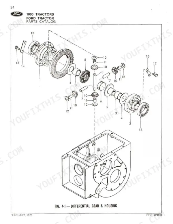 Ford 1000 tractor parts catalog exploded view of the differential gear assembly and housing components.