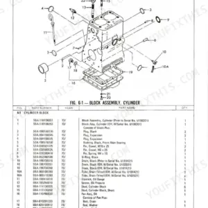 Ford 1000 tractor parts catalog page 50 showing an exploded view and parts list for the cylinder block assembly.