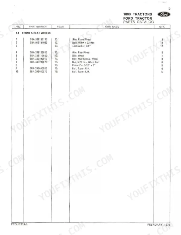 Ford 1000 tractor parts list for front and rear wheels, including rims, wheel discs, bolts, nuts, and cotter pins.