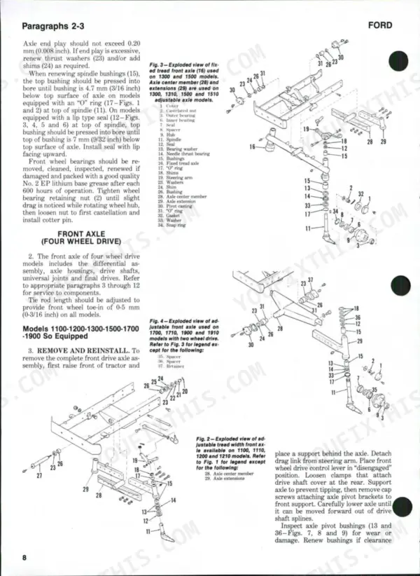 Ford 1100, 1110, 1200, 1210, 1300, 1310, 1500, 1510, 1700, 1710, 1900, 1910, 2110 front axle exploded views and service procedures.
