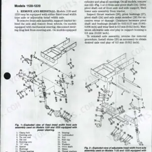 Ford 1120, 1220, 1320, 1520, 1720, 1920, 2120 front axle removal procedure and exploded view diagrams.