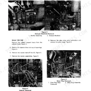 Ford 1320, 1520, 1720, 1620, 1715 exhaust manifold, injector, and glow plug removal procedures with component diagrams.