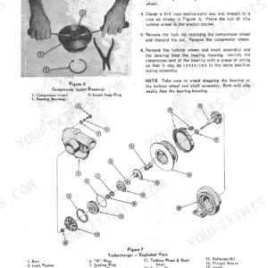Ford 2000-7000, 3400-5550 turbocharger exploded view, compressor insert removal procedure, and component parts list.