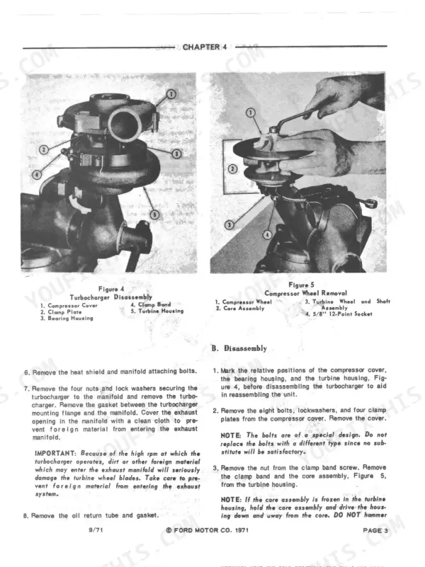 Ford 2000-5550 manual: Turbocharger disassembly and compressor wheel removal procedures with component diagrams.