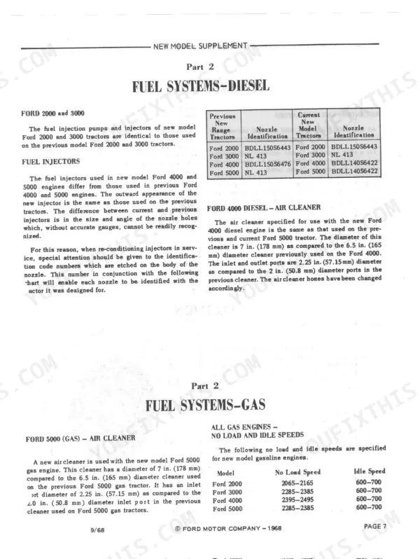 Ford 2000, 3000, 4000, 5000, 7000, 3400, 3500, 3550, 4400, 4500, 5500, 5550 diesel fuel injector and air cleaner specs table.