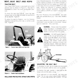 Ford 2120, AV413A, AV413P: Seat, seat belt, and ROPS adjustment diagrams and safety warnings.