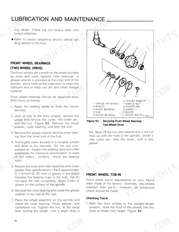 Ford 2120, AV413A, AV413P, exploded view diagram of front wheel bearings and maintenance procedures.