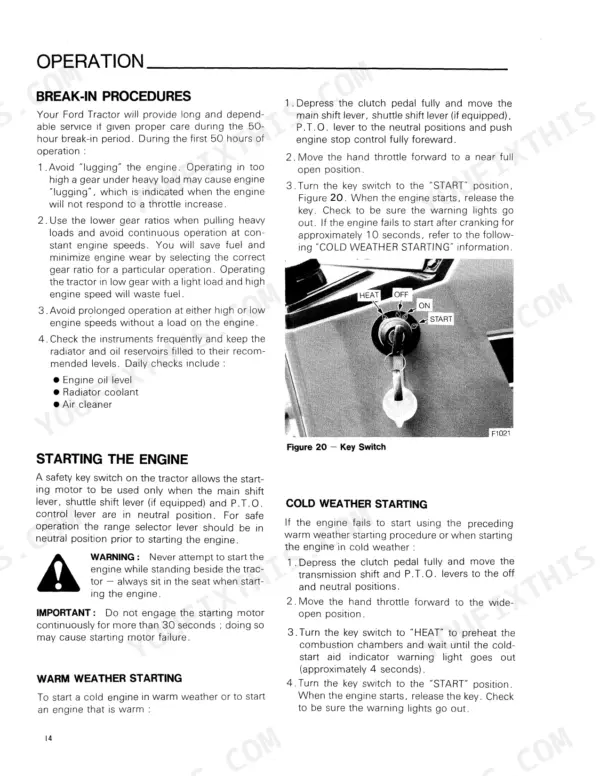 Ford 2120, AV413A, AV413P manual page for tractor break-in, starting procedures, and key switch diagram.