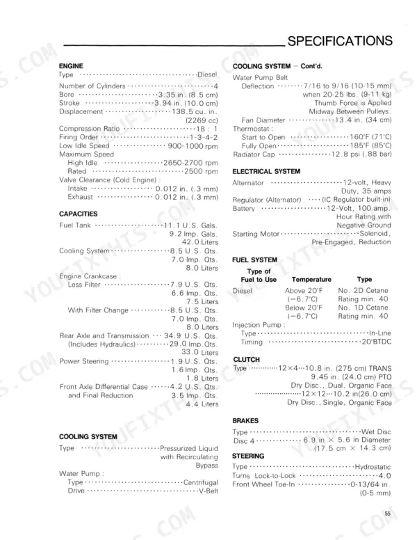 Ford 2120, AV413A, AV413P engine, cooling, electrical, fuel, clutch, brake, and steering system specifications.