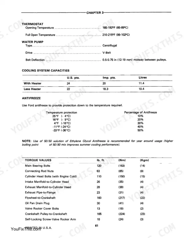 Ford 230A-545 Industrial Tractors cooling system specs, antifreeze protection table, and engine component torque values.
