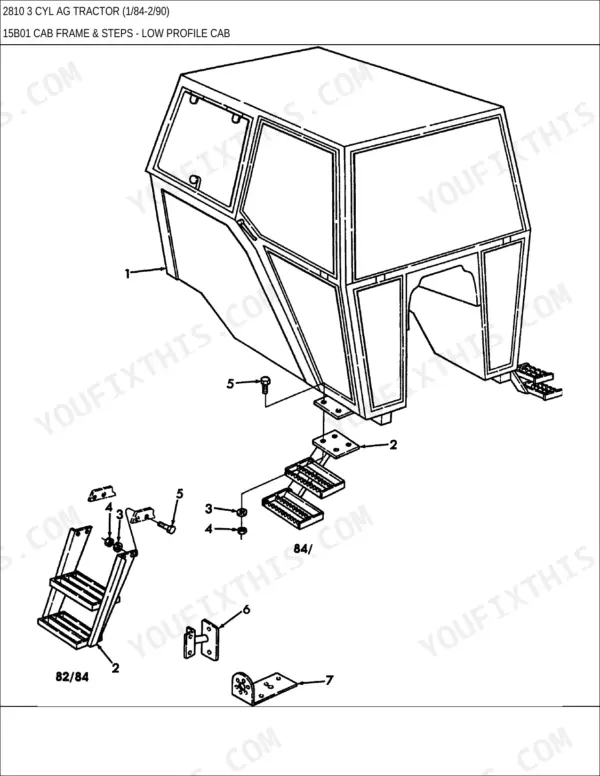 Ford 2810, 2810 3 CYL AG exploded view diagram of the low profile cab frame and step assembly components.