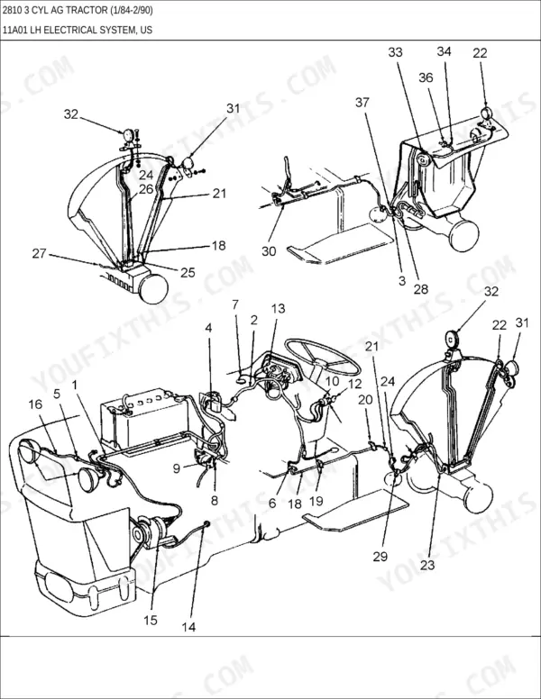 Ford 2810, 2810 3 CYL AG tractor exploded view diagram of the LH electrical system, wiring harness, and lighting components.