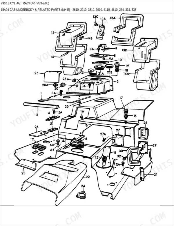 Ford 2910, 2910 3 CYL AG exploded view diagram of cab underbody and related interior trim components.