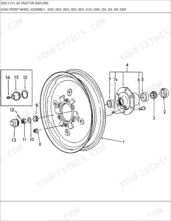Ford 2910, 2910 3 CYL AG exploded view diagram of the front wheel assembly, hub, bearings, and mounting hardware.