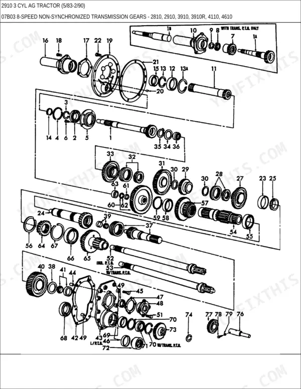 Ford 2910, 2910 3 CYL AG exploded view of 8-speed non-synchronized transmission gears, shafts, and bearings.