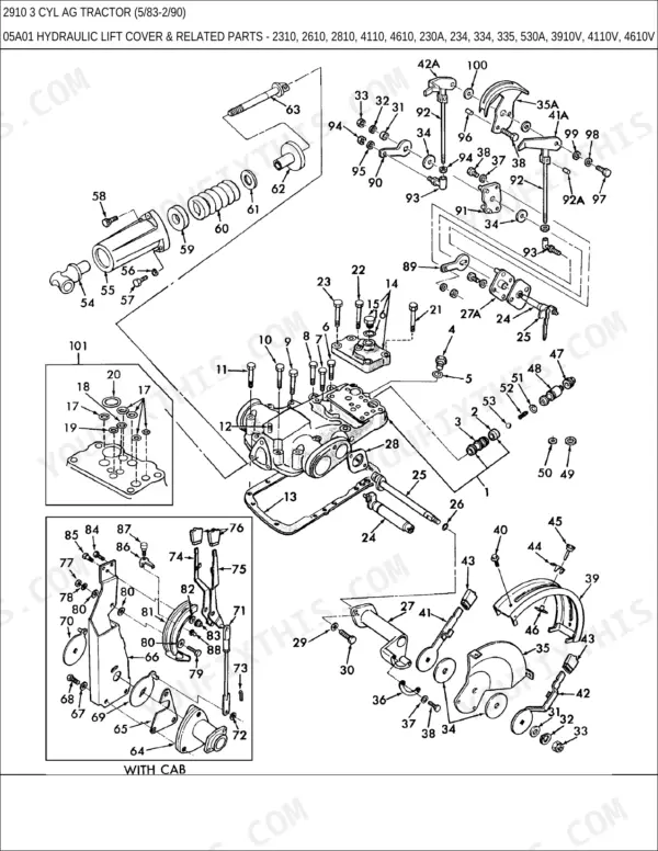 Ford 2910, 2910 3 CYL AG exploded view diagram of the hydraulic lift cover and related internal control linkage parts.