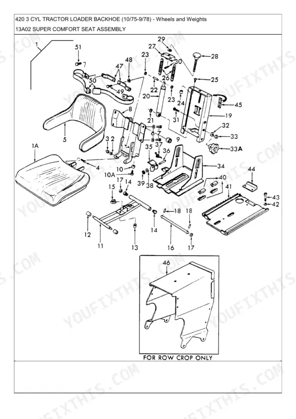 Ford 335, 420, 515, 532, 535, 2600, 3900, 4100, 4600, 5600, 5700, 6600, 7600, 6700, 7700, 4600SU, 6600C, 7600C, 233, 333, 231, 531, 420 3 Cyl exploded view of Super Comfort seat assembly components.