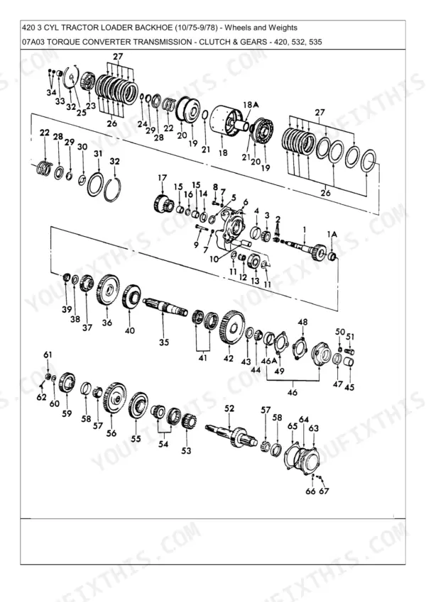 Ford 335, 420, 515, 532, 535, 2600, 3900, 4100, 4600, 5600, 5700, 6600, 7600, 6700, 7700, 4600SU, 6600C, 7600C, 233, 333, 231, 531, 420 3 Cyl exploded view of torque converter transmission clutch and gears.