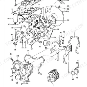 Ford 335, 420, 515, 532, 535, 2600, 3900, 4100, 4600, 5600, 5700, 6600, 7600, 6700, 7700, 4600SU, 6600C, 7600C, 233, 333, 231, 531, 420 3 Cyl exploded view of gasoline cylinder block, head, and related engine parts.