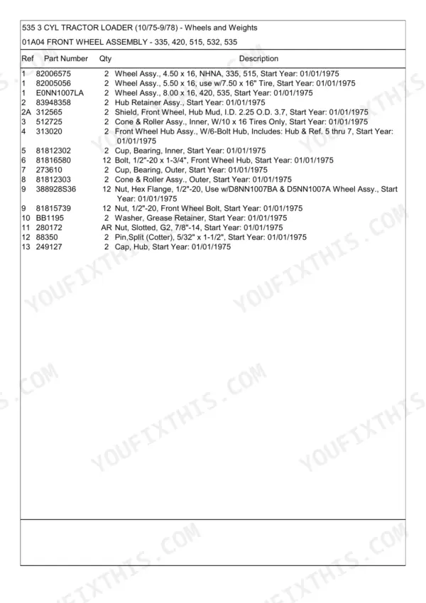 Ford 335, 420, 515, 532, 535, 2600, 3900, 4100, 4600, 5600, 5700, 6600, 7600, 6700, 7700, 4600SU, 6600C, 7600C, 233, 333, 231, 535 3 Cyl parts list for front wheel assembly components.
