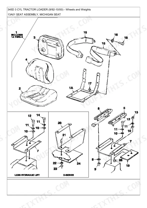 Ford 345D, 345C, 445C, 445D, 545C, 545D exploded view of Michigan seat assembly, seat cushions, and mounting hardware.