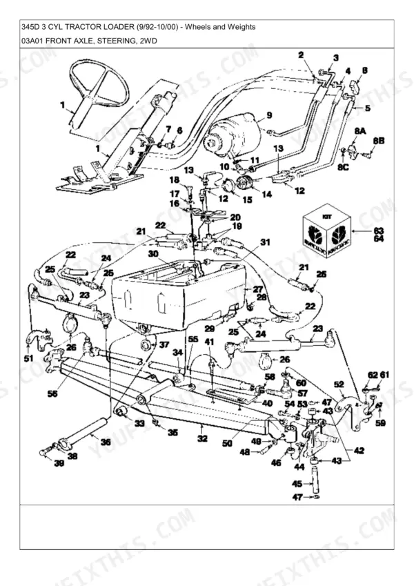 Ford 345D, 345C, 445C, 445D, 545C, 545D exploded view of 2WD front axle and steering system components.