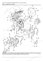 ford-345d-tractor-loader-parts-catalog-engine-parts-133.webp Ford 345D, 345C, 445C, 445D, 545C, 545D exploded view of 3-cylinder engine cylinder block, head, and timing cover parts.