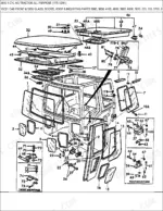 ford-3600-3-cylinder-agricultural-tractor-parts-catalog-cab-parts-557.webp Ford 3600 exploded view of tractor cab glass, doors, roof, and mounting hardware components.