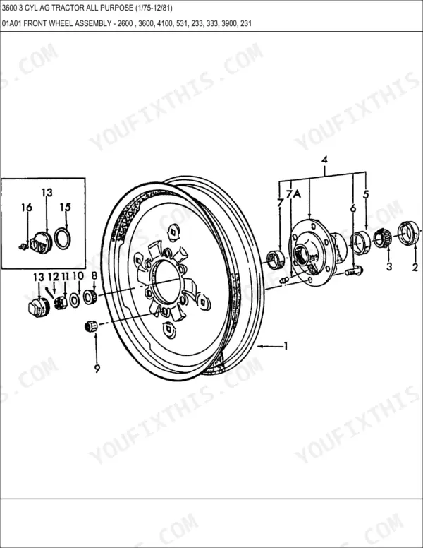 Ford 3600 tractor exploded view diagram of the front wheel assembly including hub, bearings, and wheel rim components.