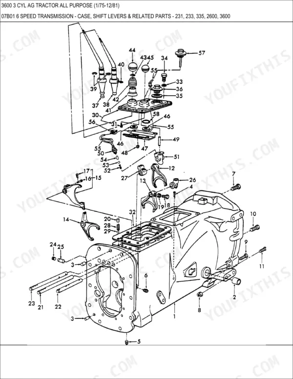 Ford 3600 exploded view of 6-speed transmission case, shift levers, and internal selector forks.