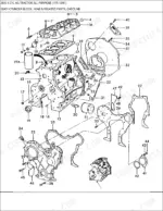 ford-3600-3-cylinder-agricultural-tractor-parts-catalog-engine-parts-168.webp Ford 3600 exploded view of gasoline cylinder block, cylinder head, and related engine components with numbered parts.