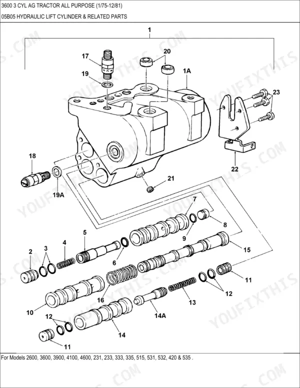 Ford 3600 exploded view diagram of hydraulic lift cylinder, control valves, springs, and related internal components.
