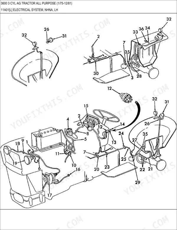 Ford 3600 tractor exploded view diagram of the electrical system, including battery, wiring harness, and lighting components.