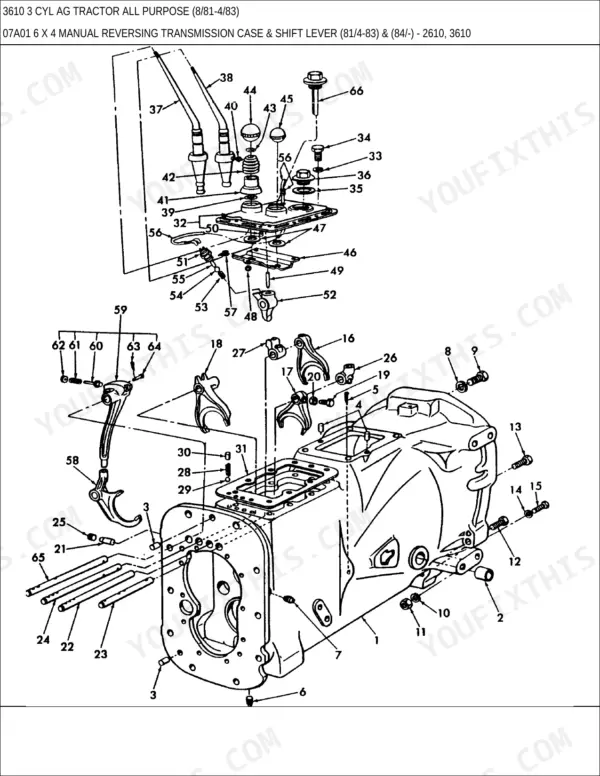 Ford 3610 exploded view of 6x4 manual reversing transmission case, shift levers, forks, and internal linkage components.