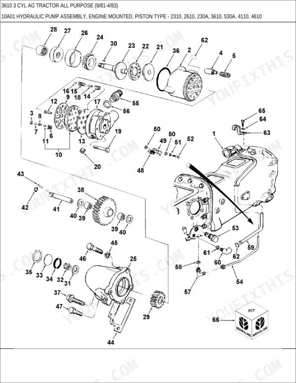 Ford 3610 exploded view diagram of engine mounted piston type hydraulic pump assembly and related components.
