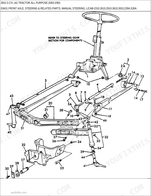 Ford 3910 exploded view diagram of manual steering, front axle, and related steering linkage components.