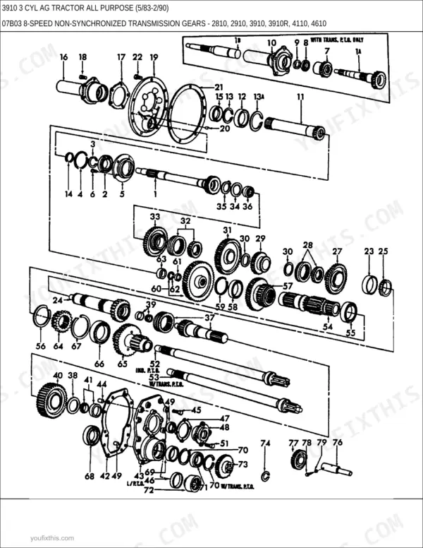Ford 3910 exploded view diagram of 8-speed non-synchronized transmission gears, shafts, and internal components.
