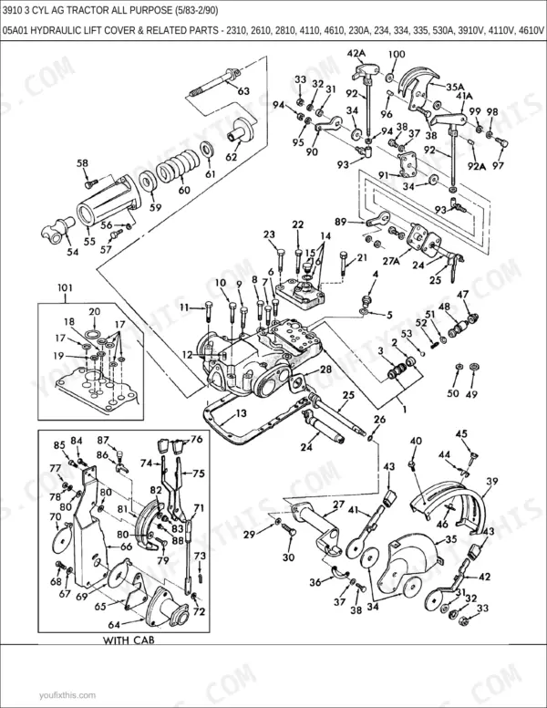 Ford 3910 exploded view diagram of hydraulic lift cover and related control linkage components with numbered parts list.