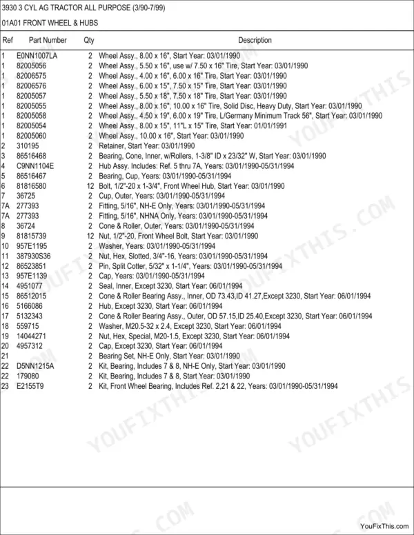 Ford 3930 parts list for front wheel and hubs, including wheel assemblies, bearings, seals, and hardware specifications.