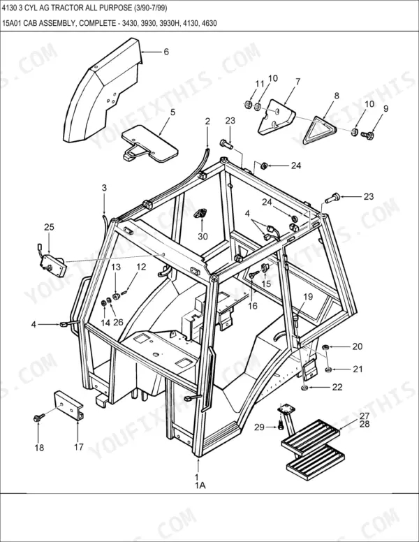 Ford 4130 tractor exploded view diagram of the complete cab assembly, including frame, steps, and mounting hardware.