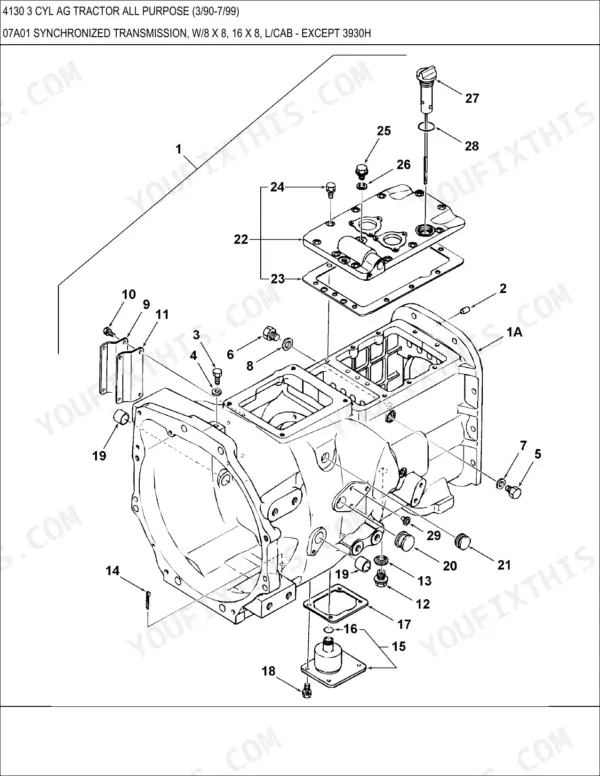 Ford 4130 tractor exploded view of synchronized transmission case, top cover, and related hardware components.