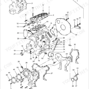 Ford 4130 exploded view diagram of the engine cylinder block, head, and related components with numbered parts list.