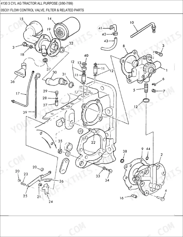 Ford 4130 exploded view diagram of hydraulic flow control valve, filter, and related internal tractor components.