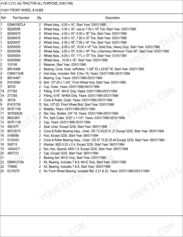 Ford 4130 parts list for front wheel and hubs, including wheel assemblies, bearings, seals, and hardware specifications.
