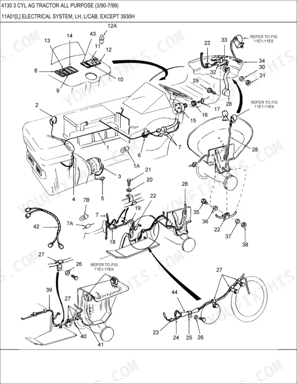 Ford 4130 tractor exploded view diagram of the LH electrical system, wiring harness, and cab lighting components.